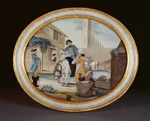 Eine Hinterglasmalerei zeigt eine Abschiedsszene vor einer Taverne, Qianlong-Periode (1736-95) ca. 1790